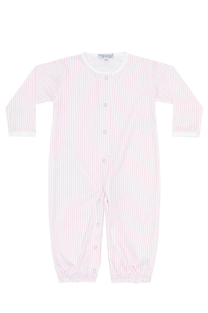 A baby long-sleeve footless one-piece sleeper with vertical pink and white stripes, featuring a snap-button front closure and elastic cuffs.