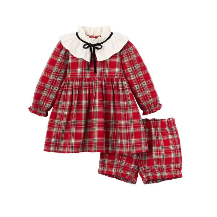 Holiday Red Tartan Dress with Pleated Collar