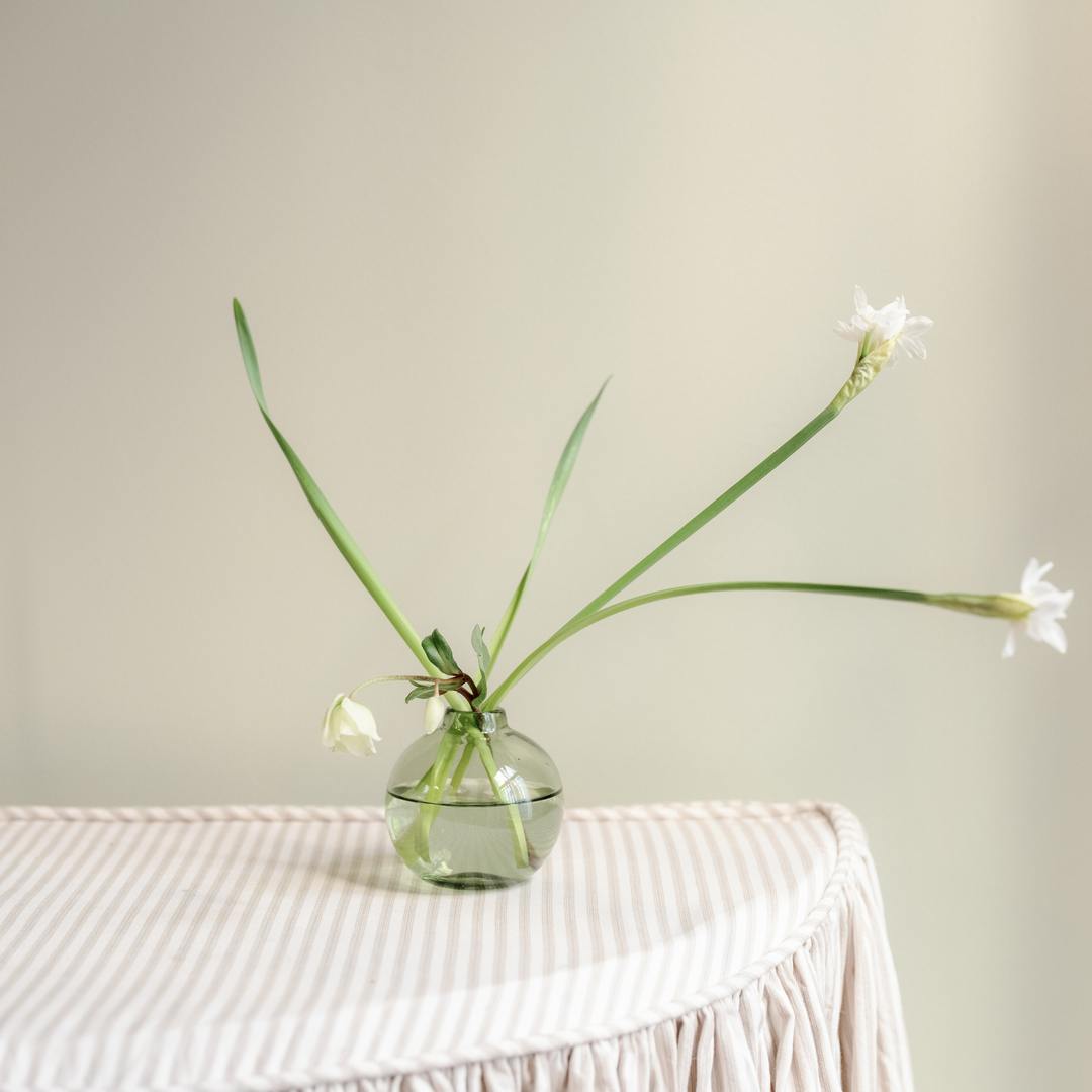A small clear glass vase with a rounded bulb shape holding water and several long green stems with small white flowers, placed on a draped table against a soft beige wall.