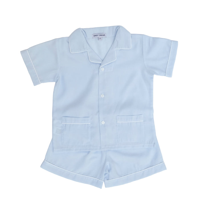 Light Blue Classic Short Pajama Set with White Piping