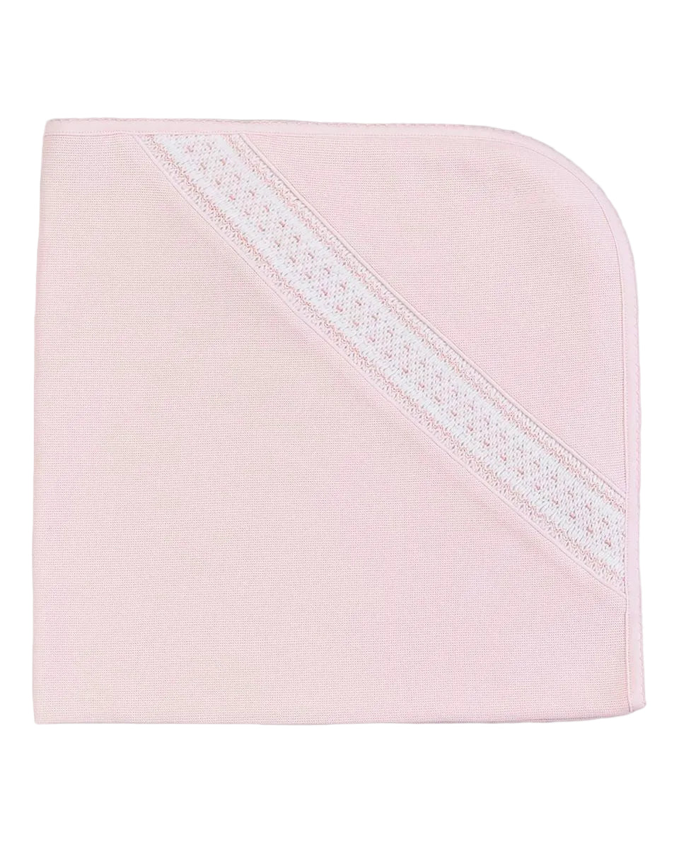 A light pink baby blanket with a white lace diagonal stripe, shown flat against a neutral gray background.