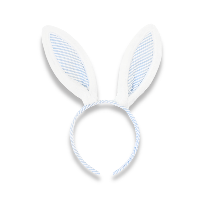 White bunny ears with blue stripes on a white background