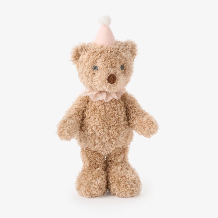 Stuffed teddy bear with a pink party hat on a white background