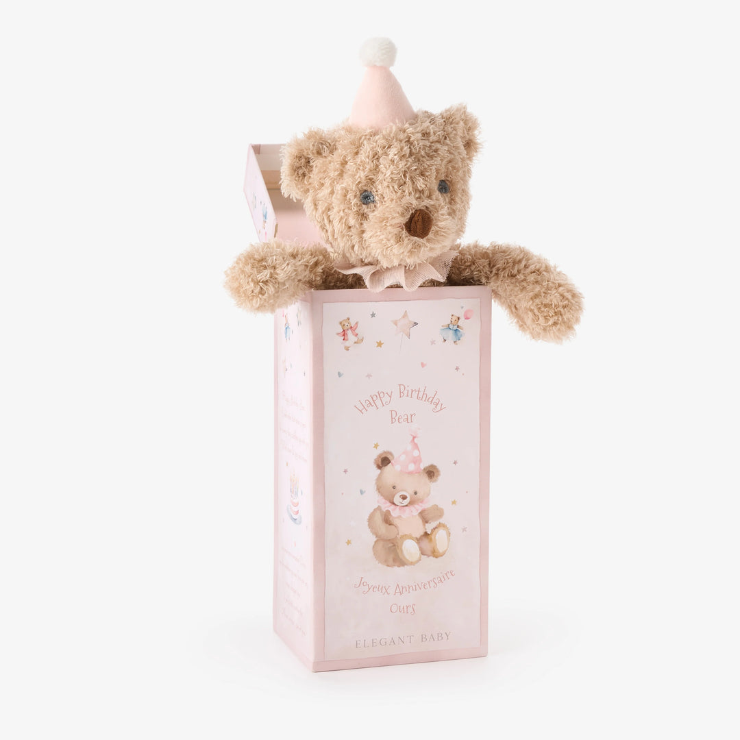 Teddy bear in a pink gift box with 'Happy Birthday' text on a white background