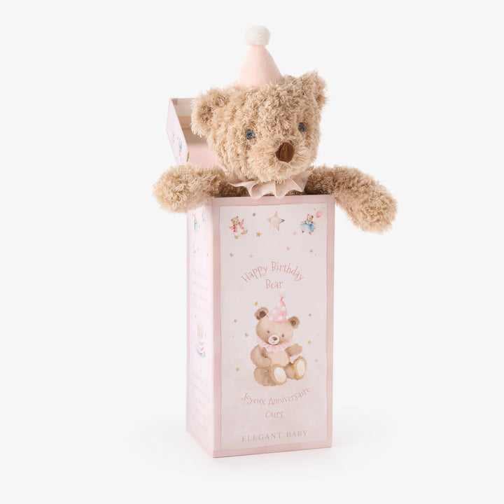 Teddy bear in a pink gift box with 'Happy Birthday' text on a white background