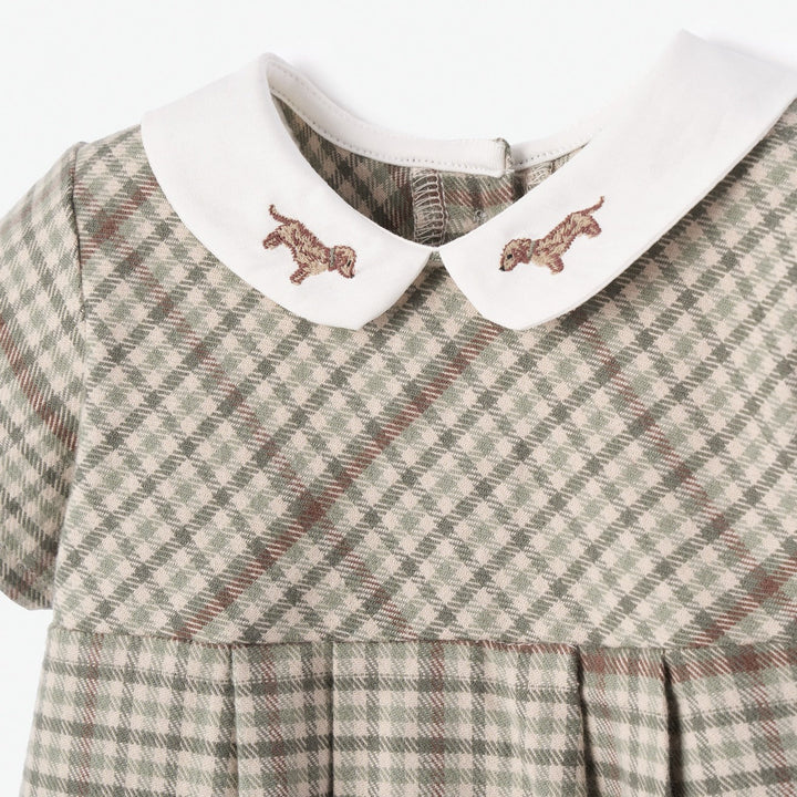 Plaid dress with embroidered collar featuring small dogs on a white background