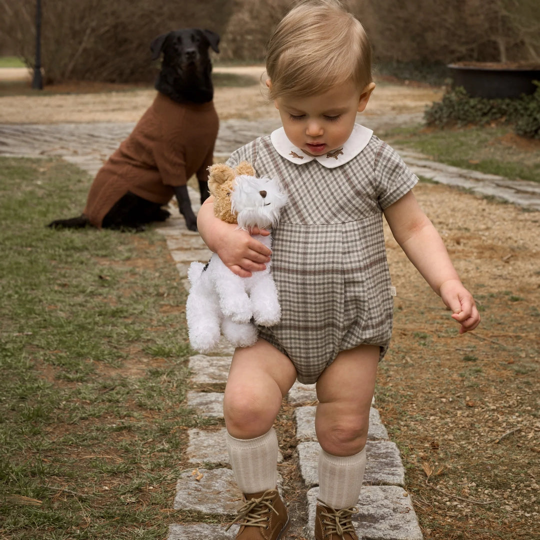 Child in a checkered romper holding a teddy bear, with a dog in the background.