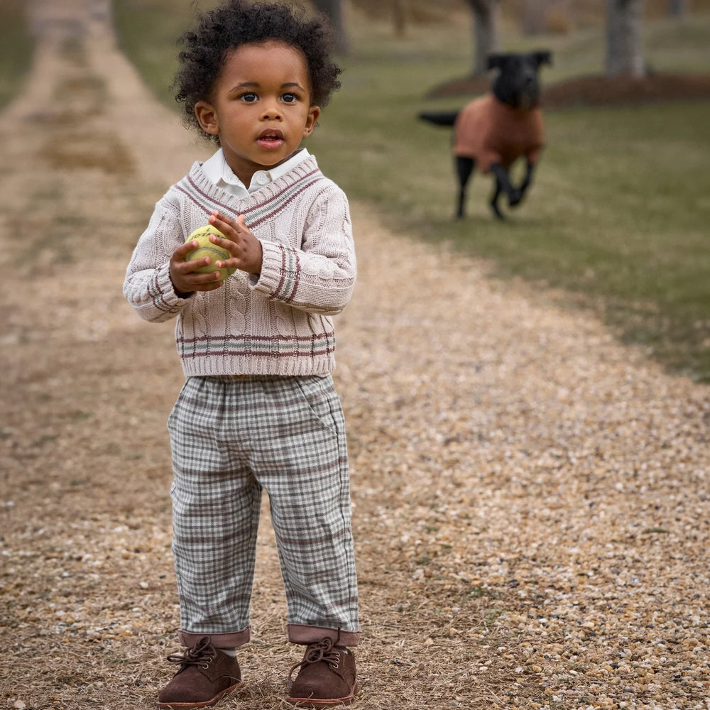 Child in a sweater and checkered pants standing on a path with a dog in the background