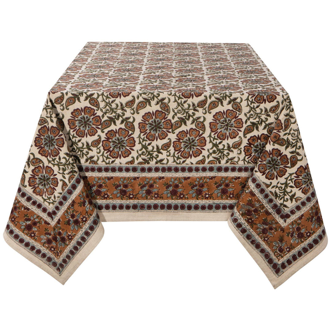 Patterned tablecloth with floral design on a white background