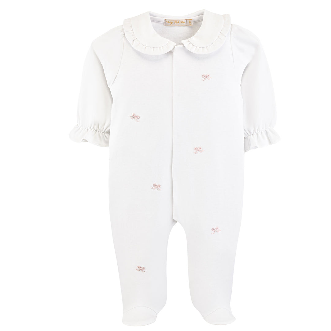 Baby Footie with Ruffled Collar and Embroidered Pink Bows