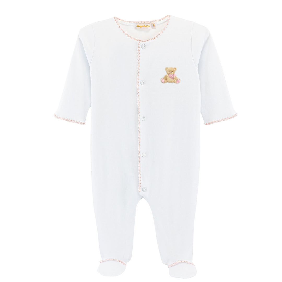 White Pima Cotton Baby footie with Pink Crochet and embroidered Bear
