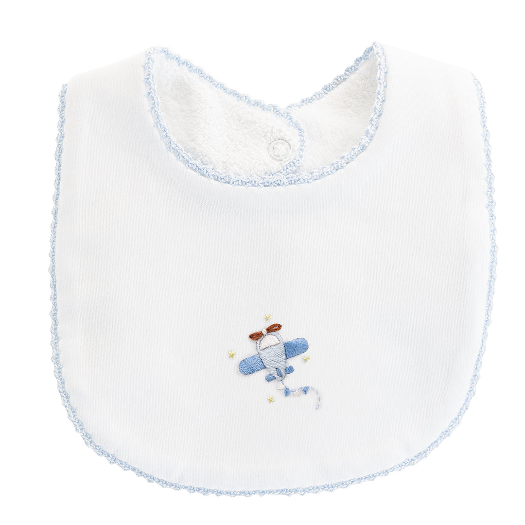 Embroidered baby bib with airplane