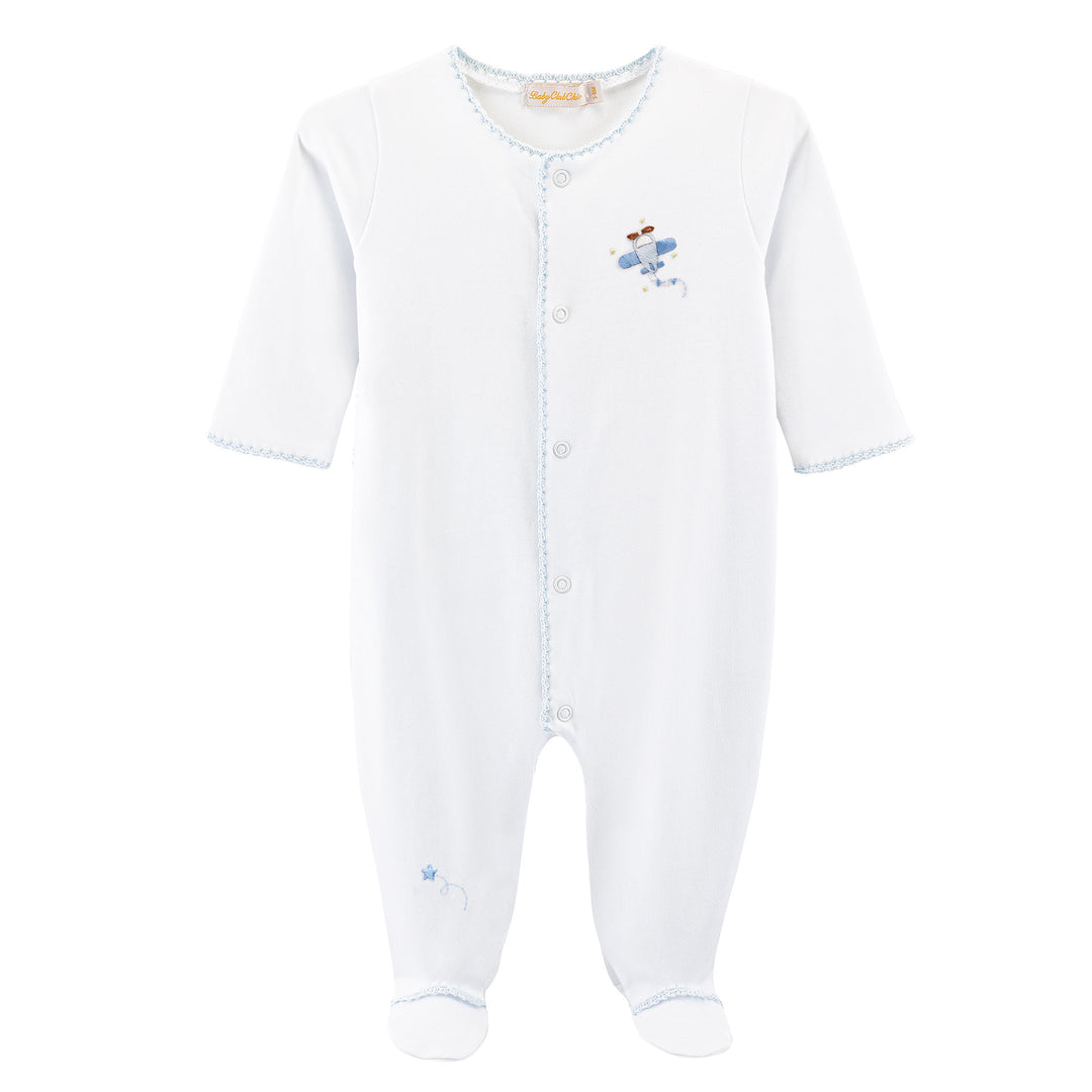white baby pima cotton footie with embroidered airplane