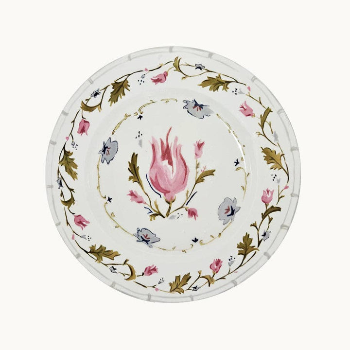 Pink and Green Floral and Leaf Pattern Dinner Plate