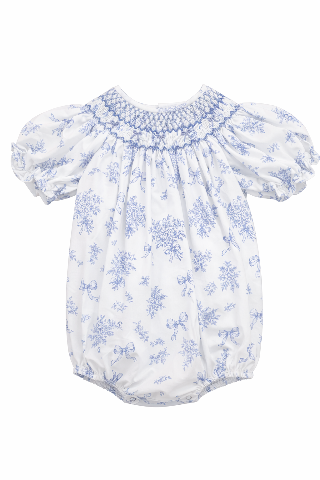 White baby bubble romper with blue toile floral and bow print and hand-smocked yoke