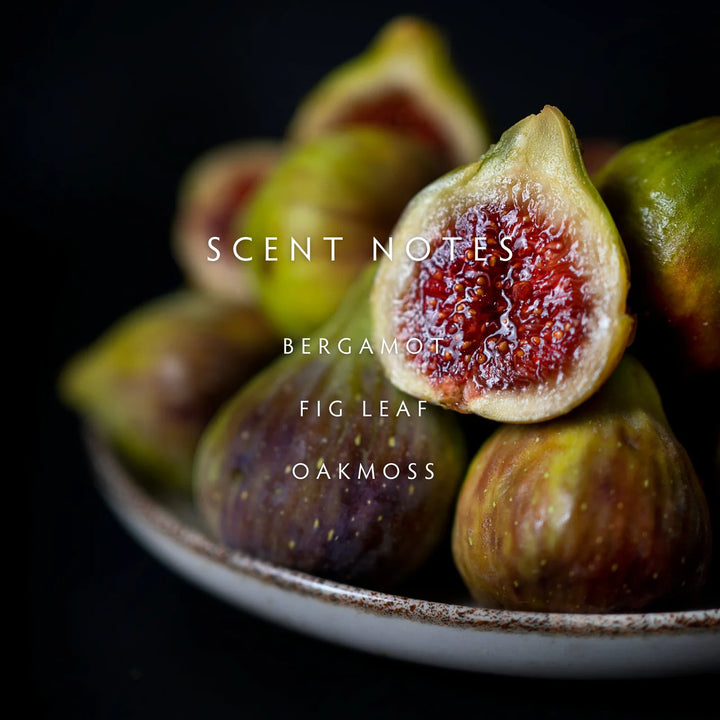 Figs in a bowl with 'Scent Notes' text overlay on a dark background