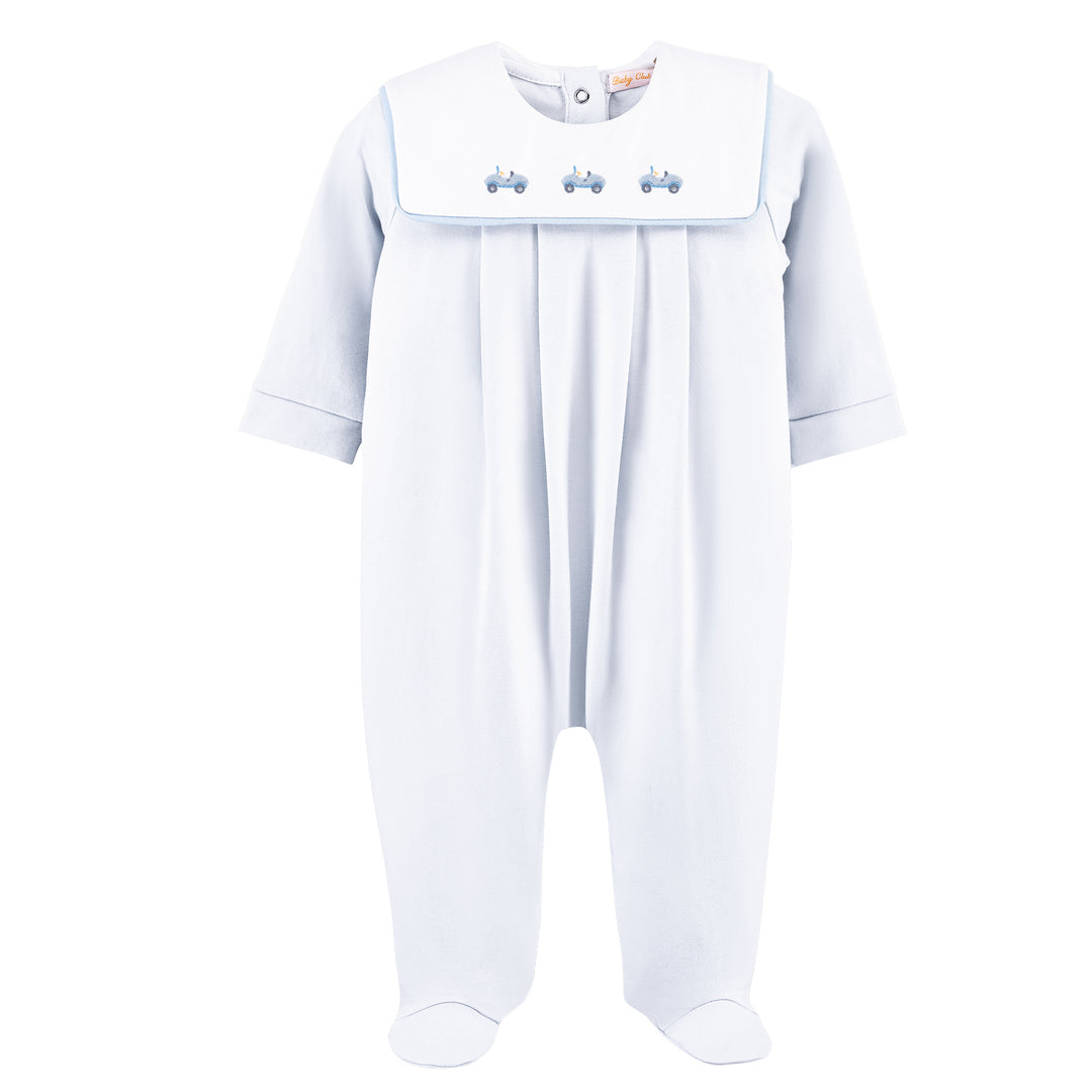 Cars Embroidered Bib Pima Cotton Footie White