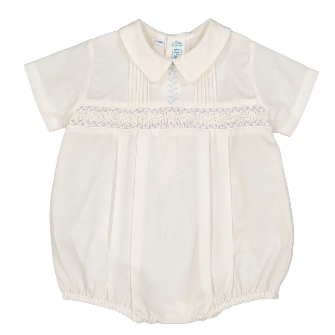 classic baby boy romper with pleats and embroidered details