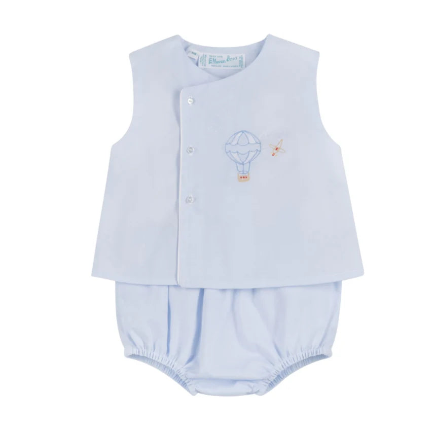 Light blue baby romper set with embroidered design on a white background