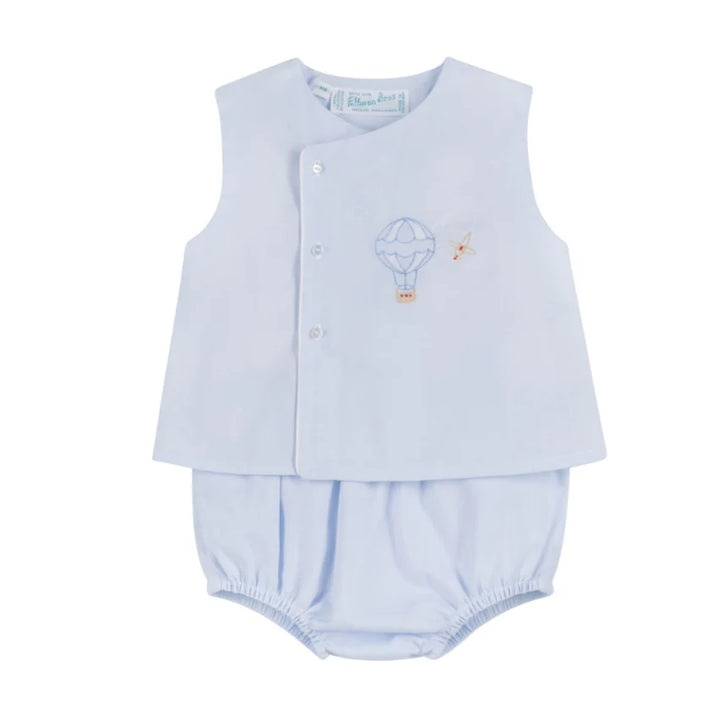 Light blue baby romper set with embroidered design on a white background