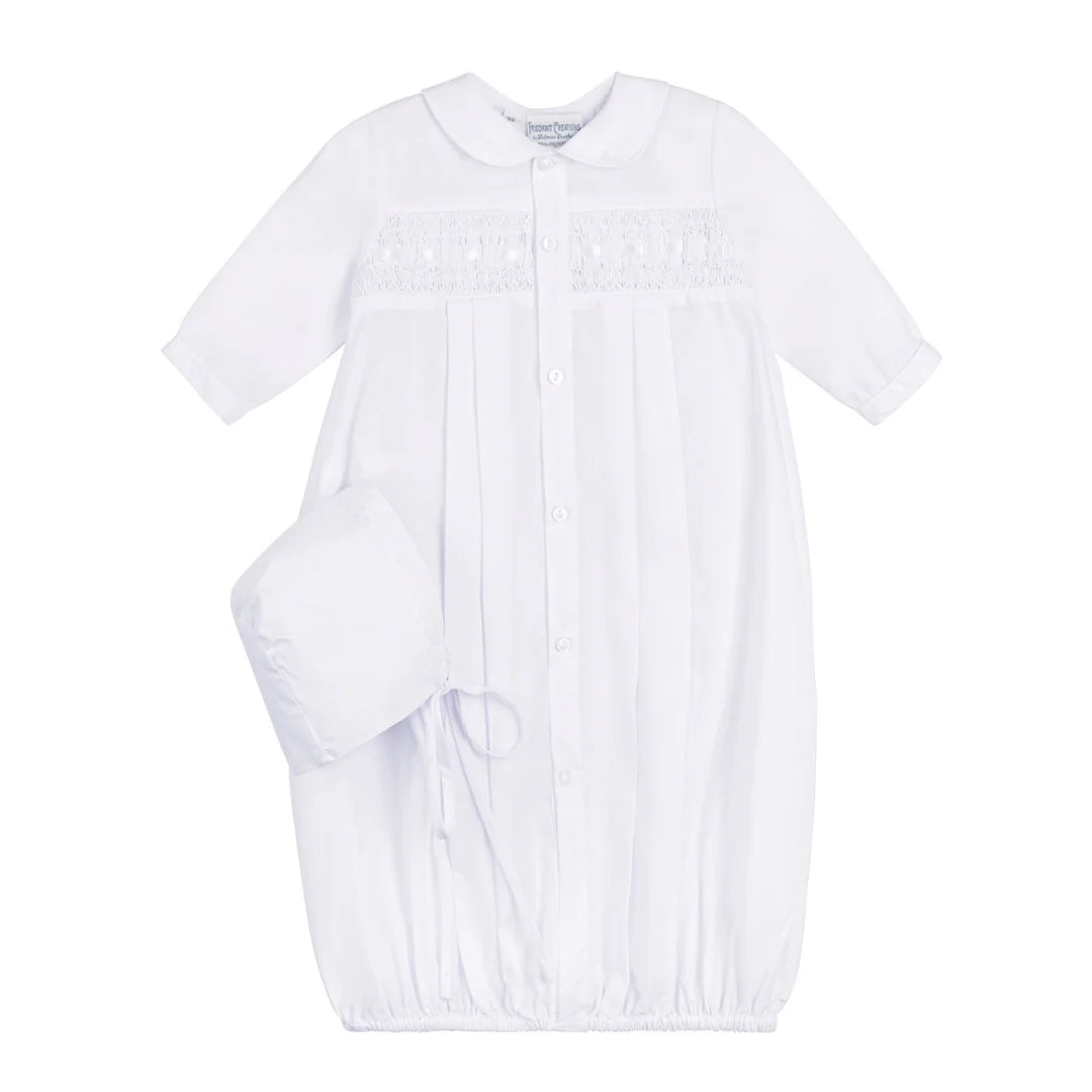 A white baby christening gown with short sleeves, a Peter Pan collar, and delicate lace embroidery across the chest, shown with a matching bonnet on a plain white background.