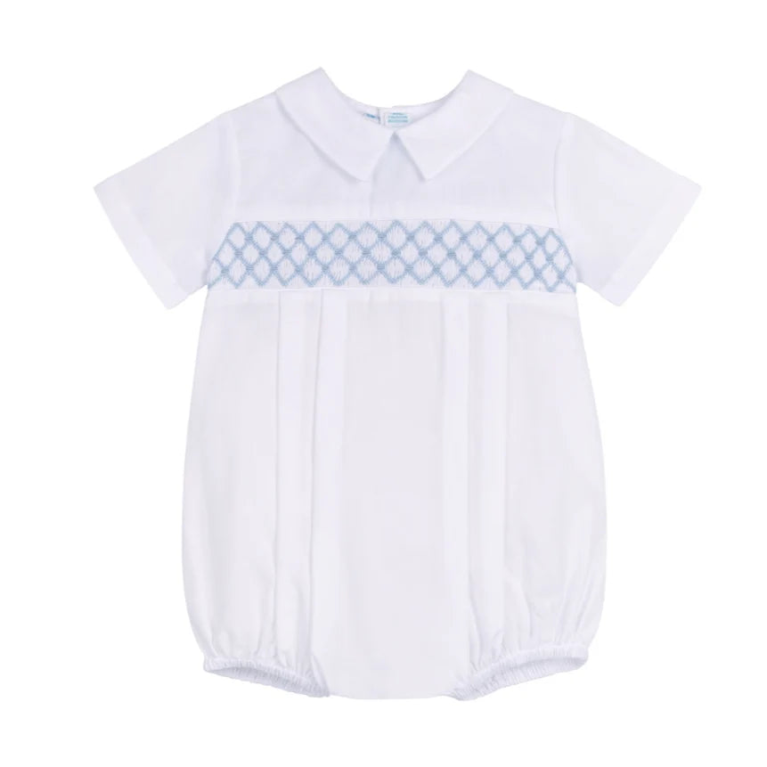 A white short-sleeve baby romper with a light blue diamond-patterned smocked chest band, a pointed collar, and a pleated front, shown on a plain white background.