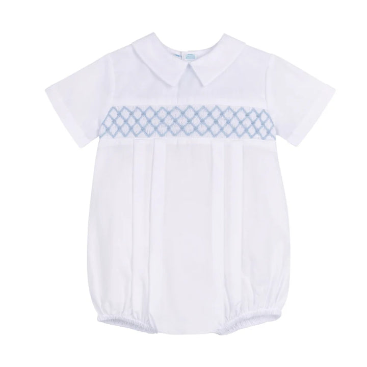 A white short-sleeve baby romper with a light blue diamond-patterned smocked chest band, a pointed collar, and a pleated front, shown on a plain white background.