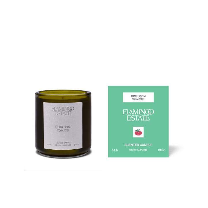 Flamingo Estate scented candle and packaging on a white background