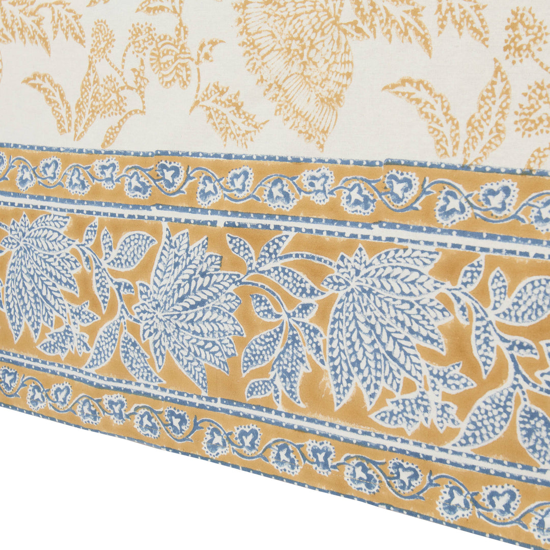 Close-up of a fabric with floral and border patterns on a white background