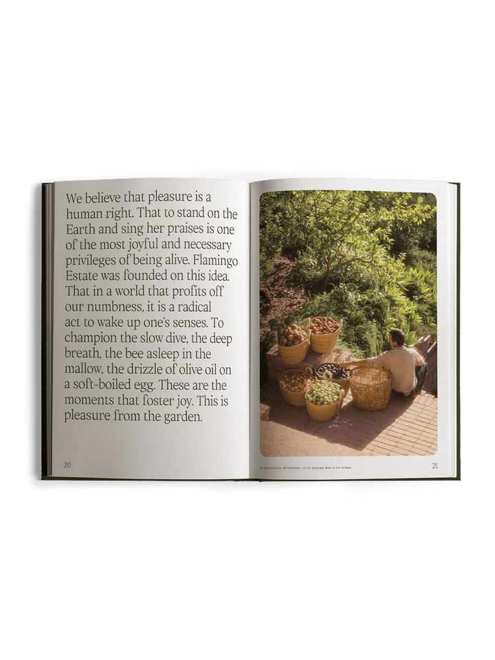Open book with text and a photo of a person tending to plants in a garden.