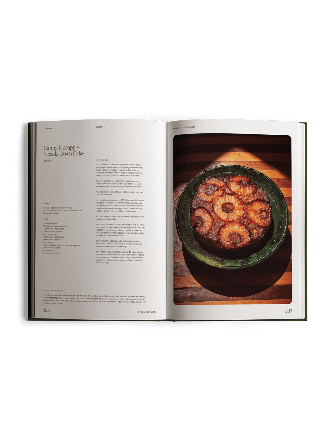 Open cookbook showing a recipe for a baked pineapple upside-down cake.
