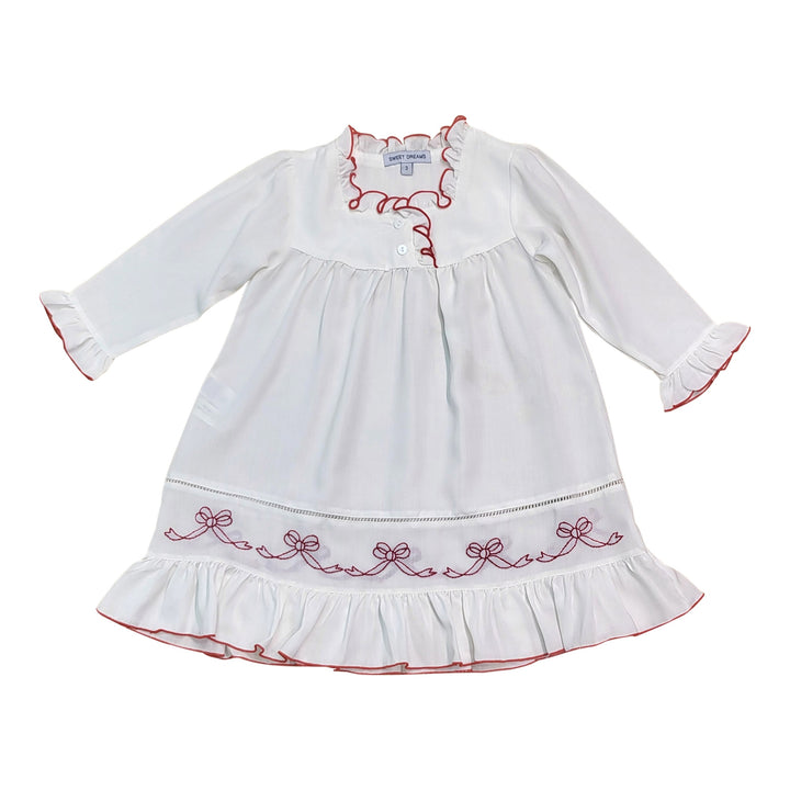 Classic White Ruffle Nightgown with Embroidered Red Bow