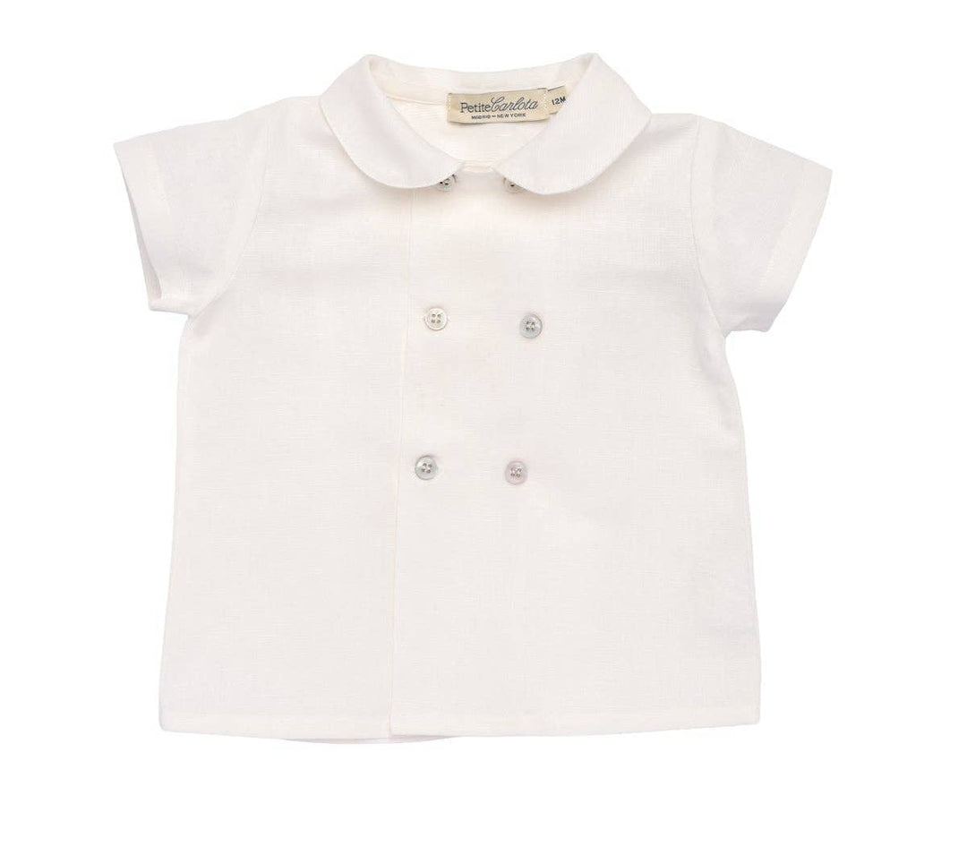 Gabriel Cloud White Cotton Baby Shirt. Double-Breasted Peter Pan Collar Shirt. Petite Carlota European Baby Clothing.