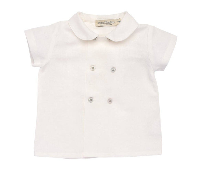 Gabriel Cloud White Cotton Baby Shirt. Double-Breasted Peter Pan Collar Shirt. Petite Carlota European Baby Clothing.