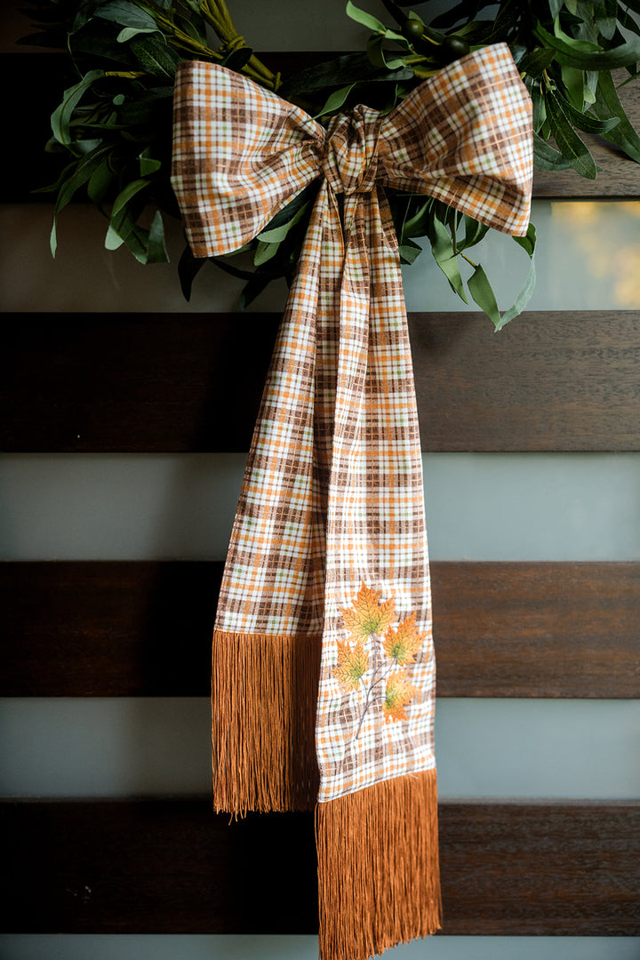 Plaid Fall Wreath Sash with Embroidered Leaves