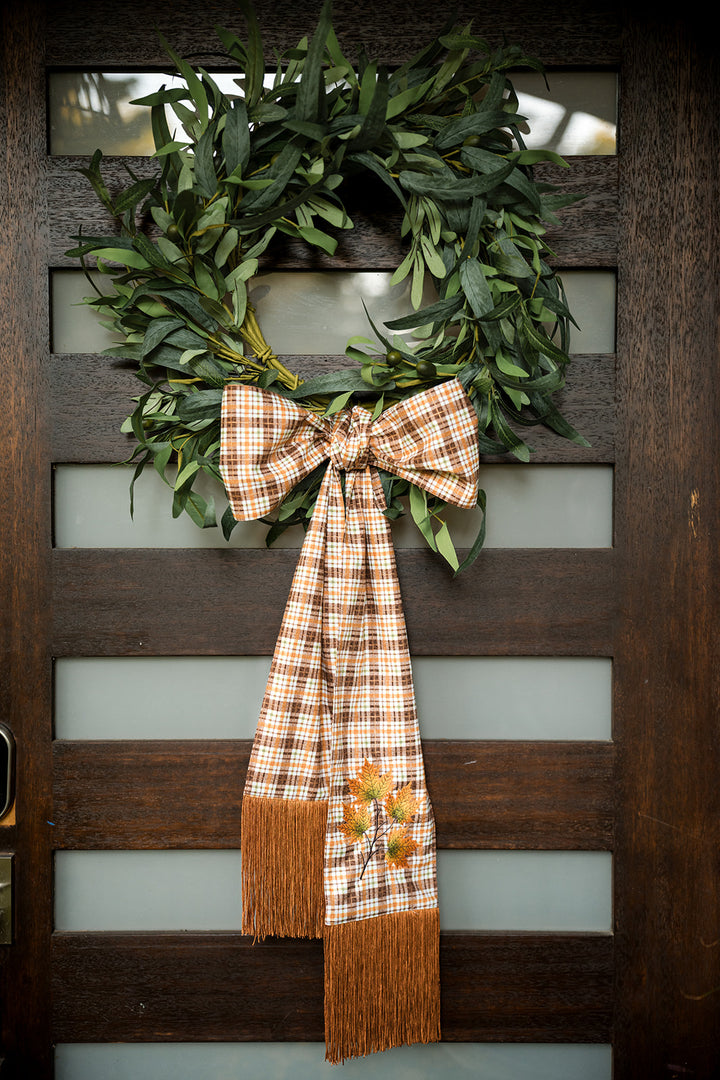 Plaid Fall Wreath Sash with Embroidered Leaves
