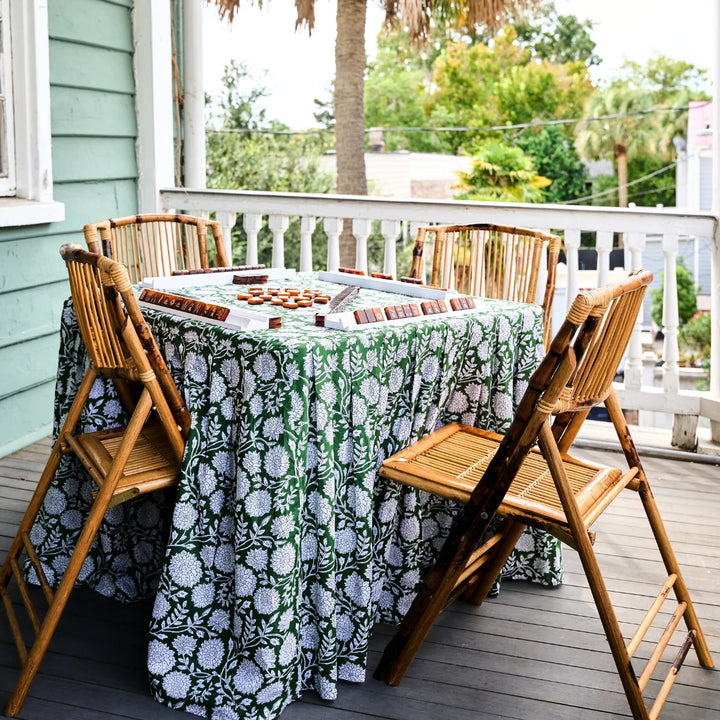 Green Floral Block Print Pleated Mahjong Tablcloth with mahjong racks and tiles on top