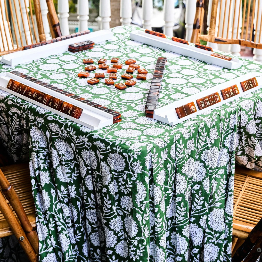 Green Floral Block Print Pleated Mahjong Tablcloth with mahjong racks on top