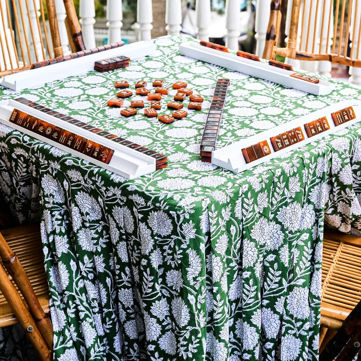 Green Floral Block Print Pleated Mahjong Tablcloth with mahjong racks on top