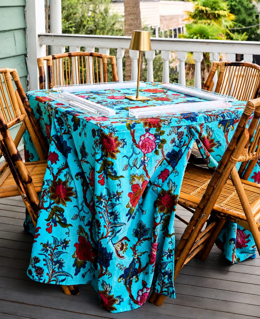 Blue Velvet Chintz Mahjong Table Set up