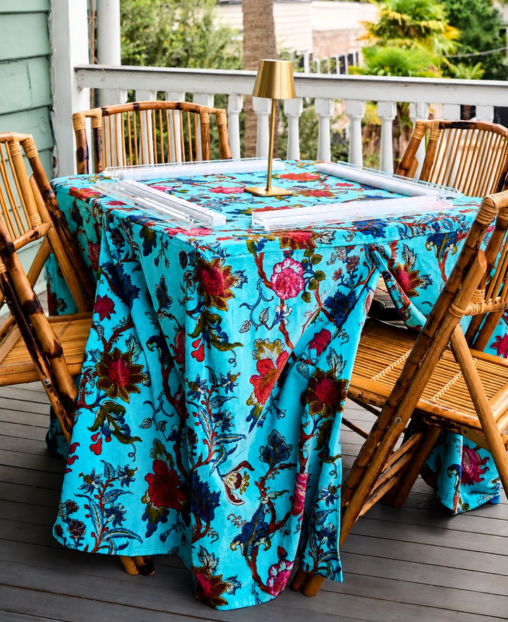 Blue Velvet Chintz Mahjong Table Set up