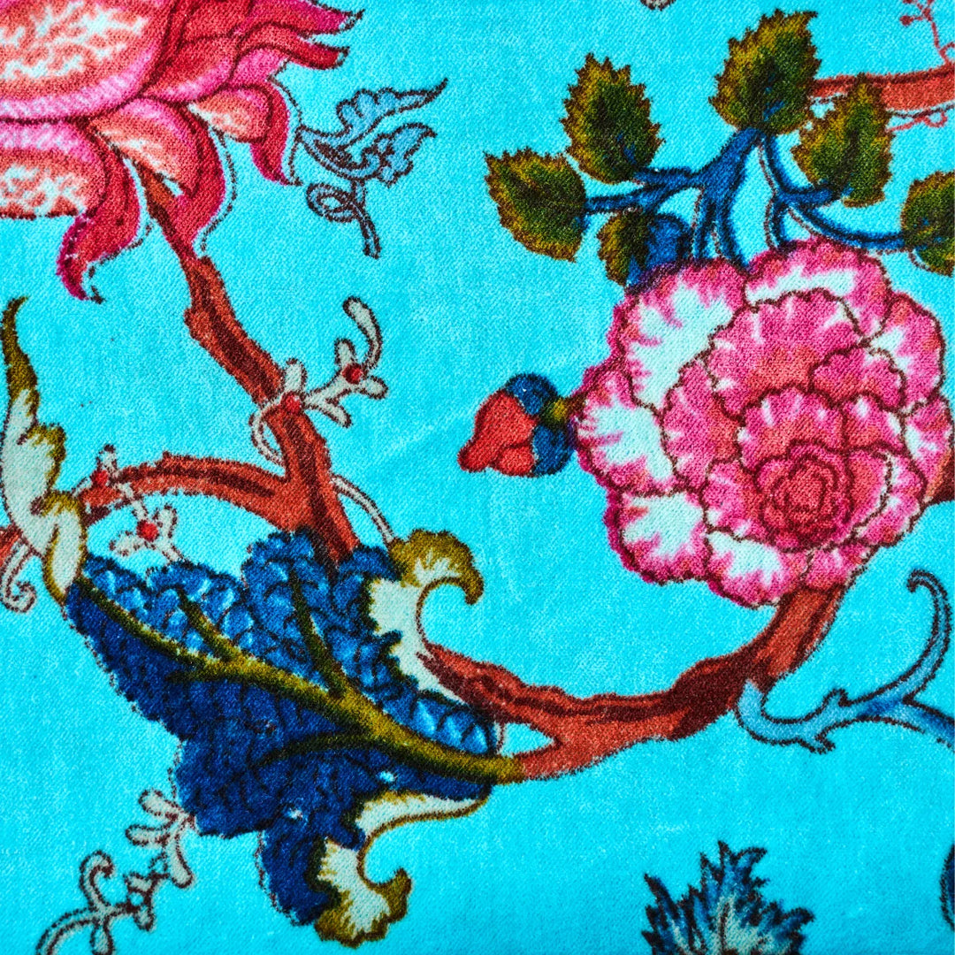Close up of velvet blue chintz pattern