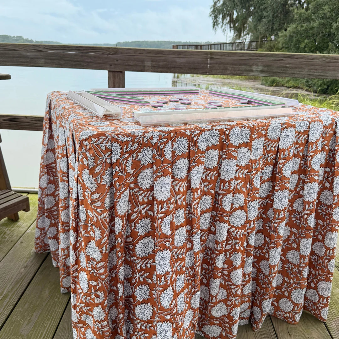 Rustin Orange Block Print Card Table Pleated Tablecloth 2