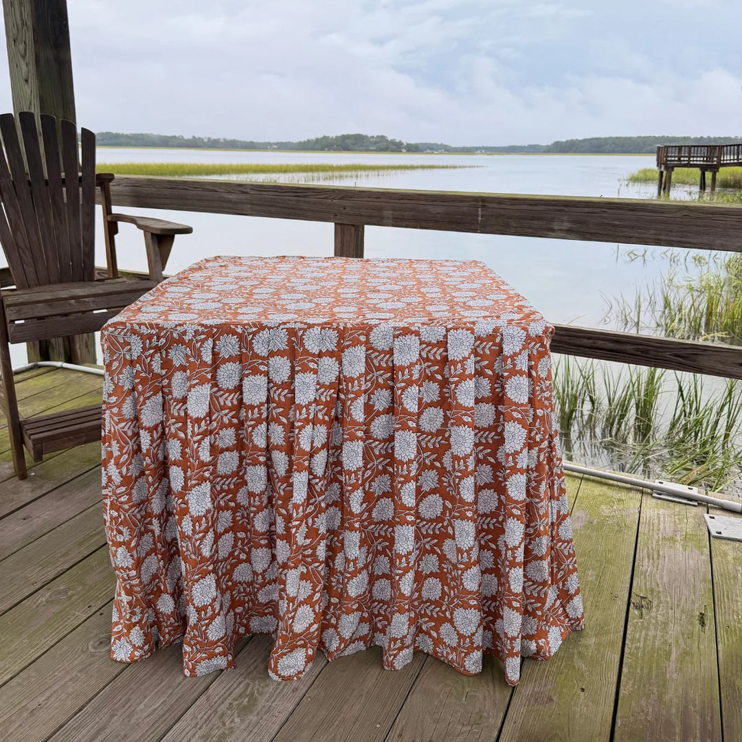 Rustin Orange Block Print Card Table Pleated Tablecloth