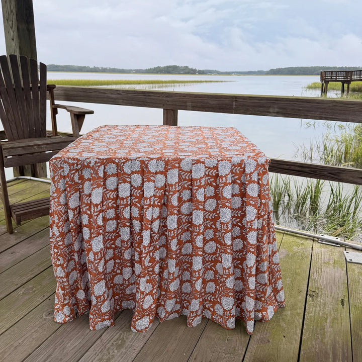 Rustin Orange Block Print Card Table Pleated Tablecloth