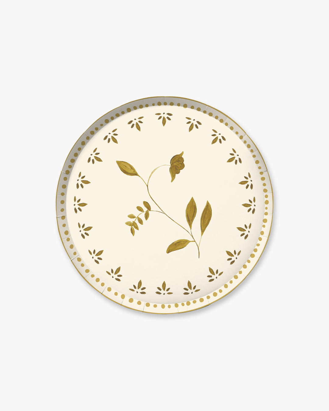 A round paper plate with a cream background, decorated with a central olive branch motif in metallic gold and a border of small gold leaf cutouts and dots, shown on a light gray background.