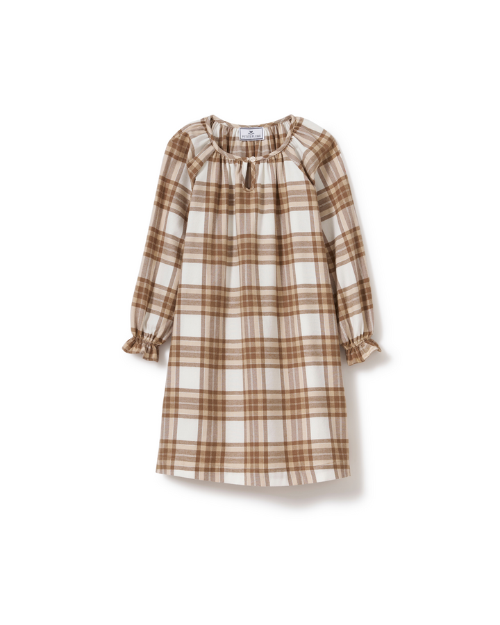 A long-sleeve plaid dress with a tie-neck detail, featuring a brown and beige checkered pattern and elasticized cuffs, shown against a plain white background.