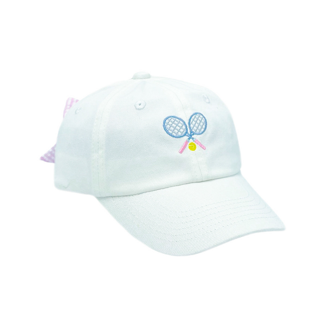 Embroidered blue and pink tennis motif on girls hat with bow