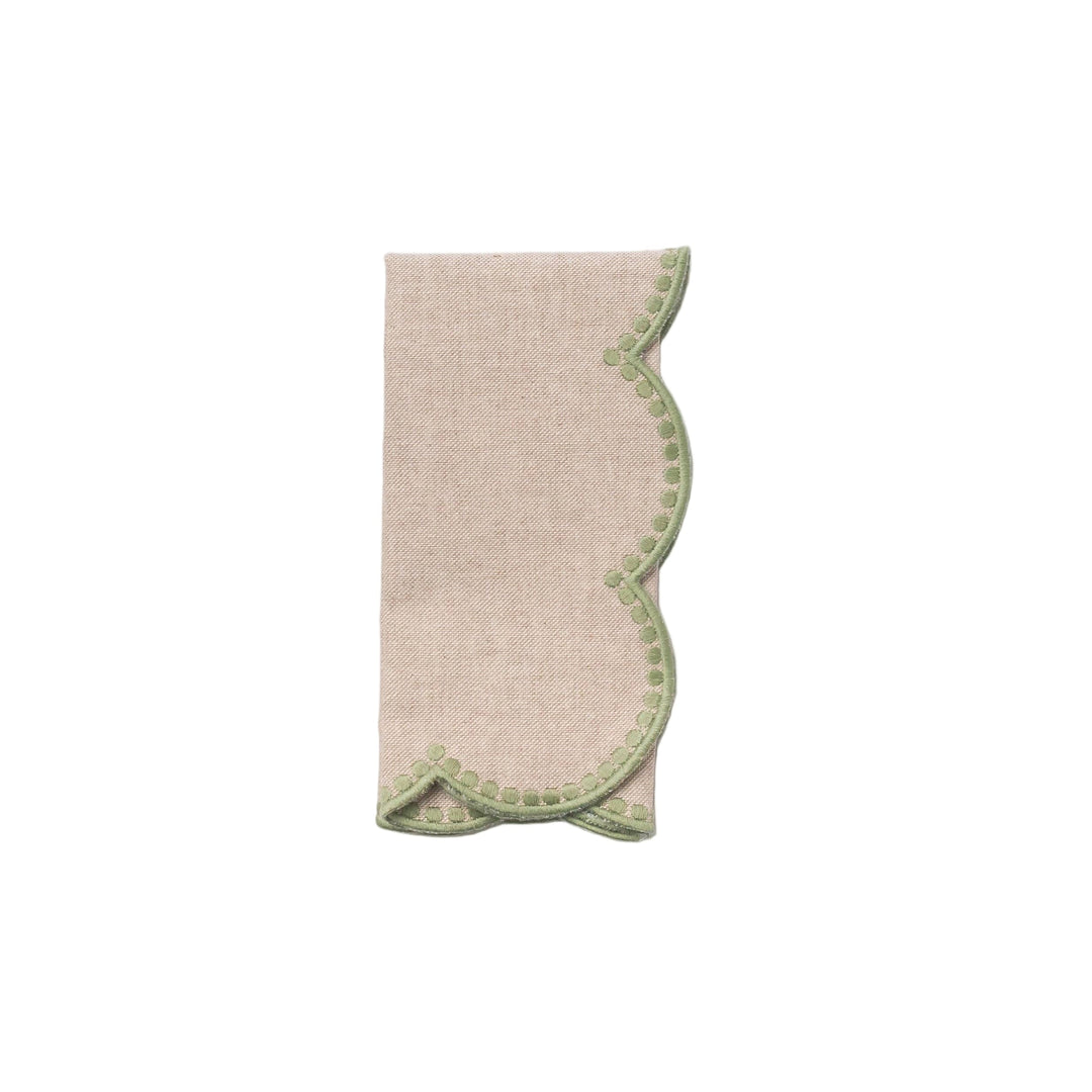 Scalloped Beige Dinner Napkin with Green Embroidery