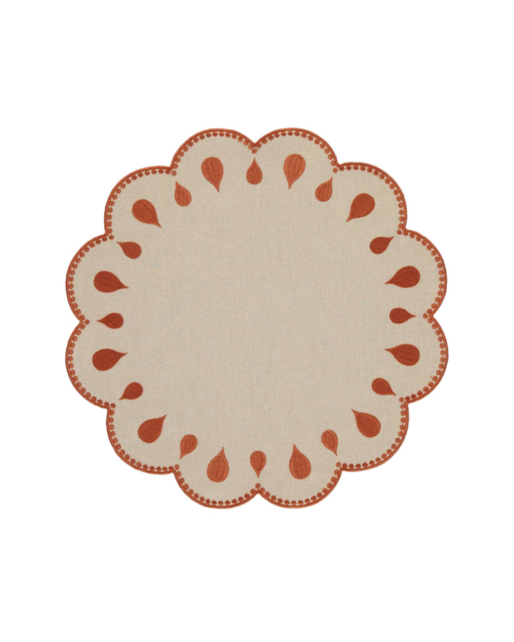 Scalloped Beige Placemat with Terracotta Embroidery - Set of 6